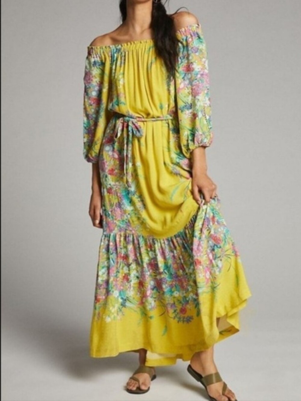 ANTHROPOLOGIE Eliora Off-The-Shoulder Maxi Yellow Floral Dress Size 1X